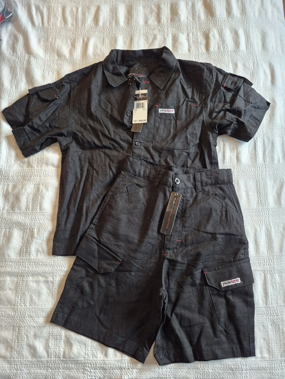 Vintage Fubu boys size 6 black linen/cotton blend buttonup shirt & shorts NWT